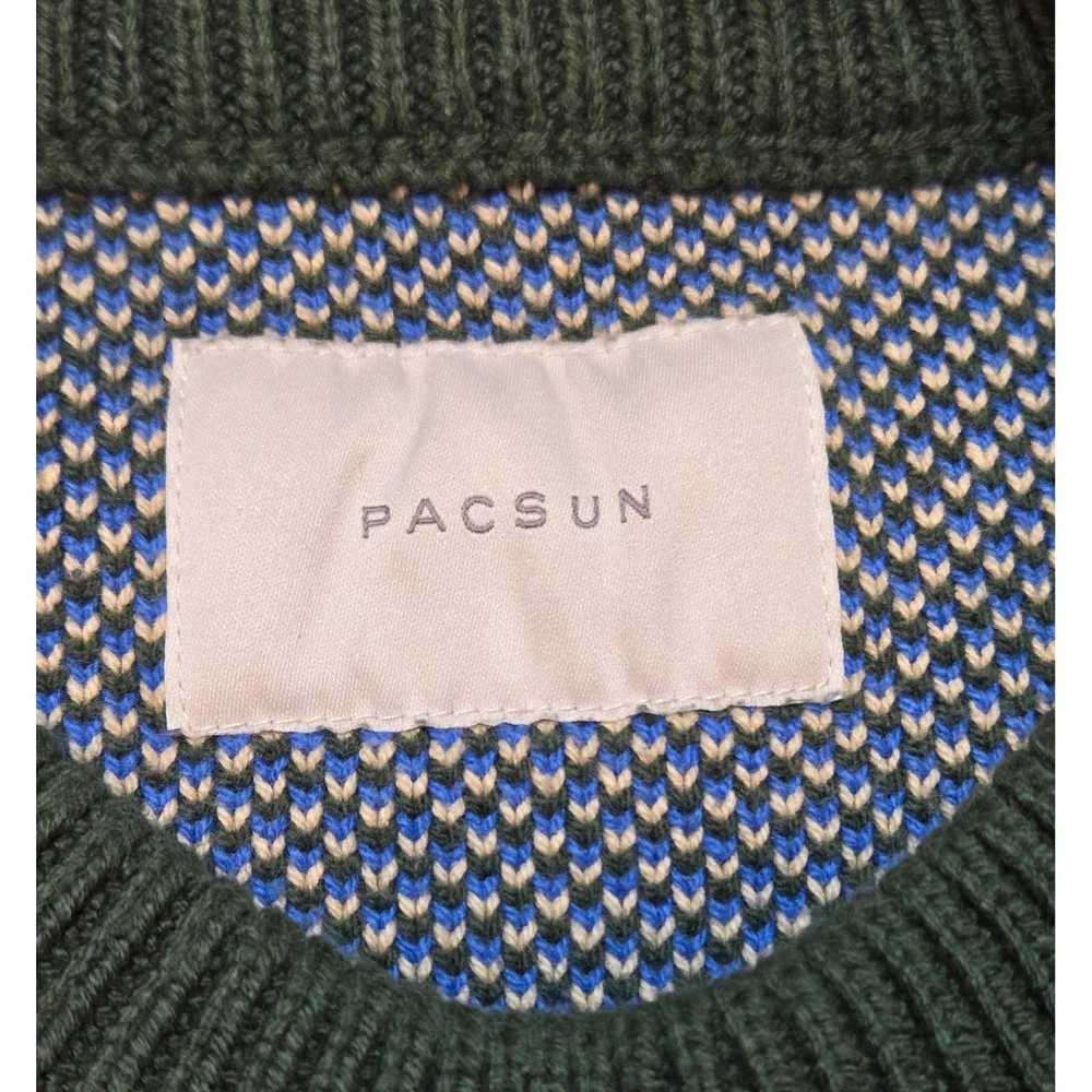 Pacsun Mens Fairisle Crew Sweater Green Blue Off-White Large Grandpa Sweater Y2K